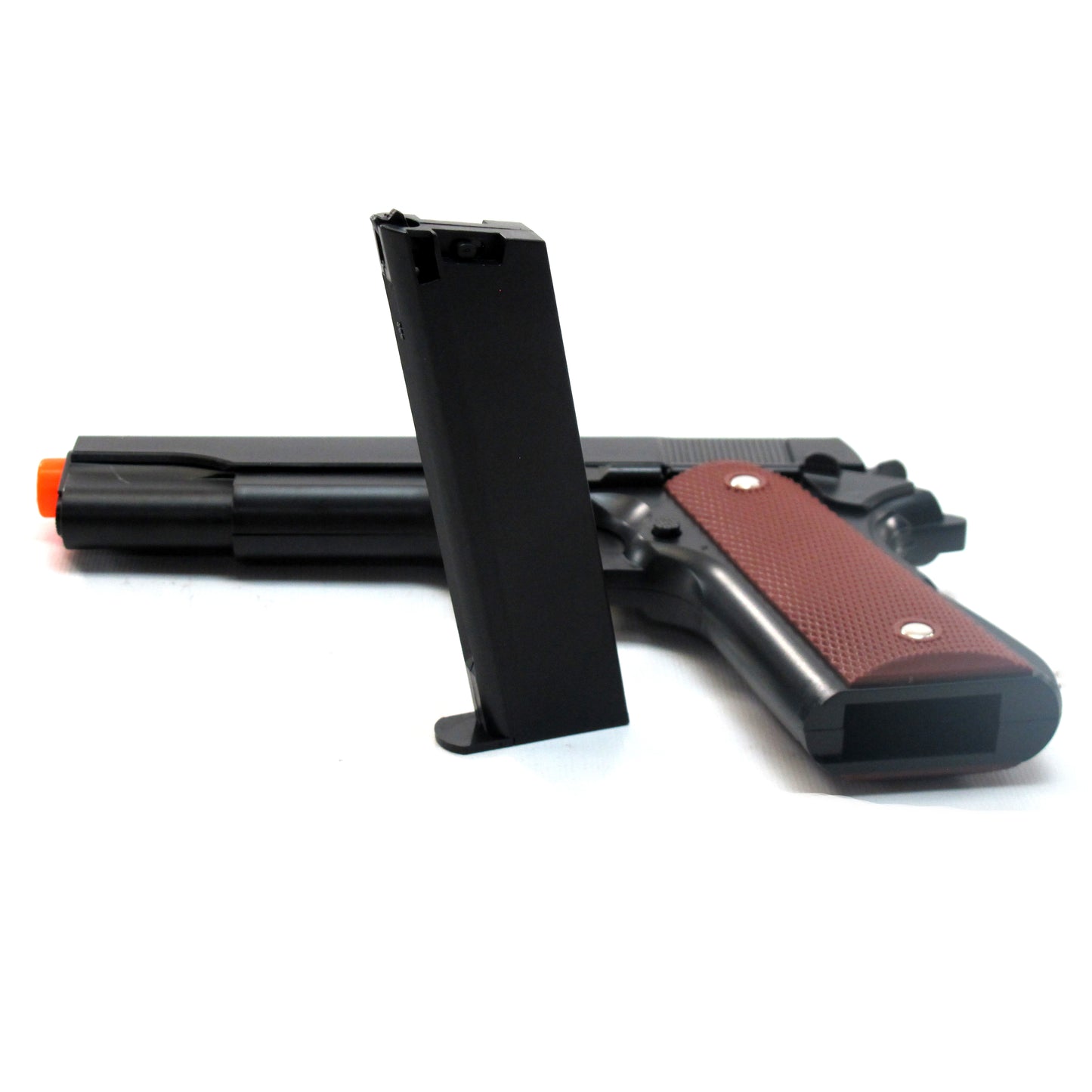 BBTac 1911 Airsoft Pistol Handgun Replica Spring Loaded with Realistic Working Hammer, Saftey grip and Magazine (Wood)