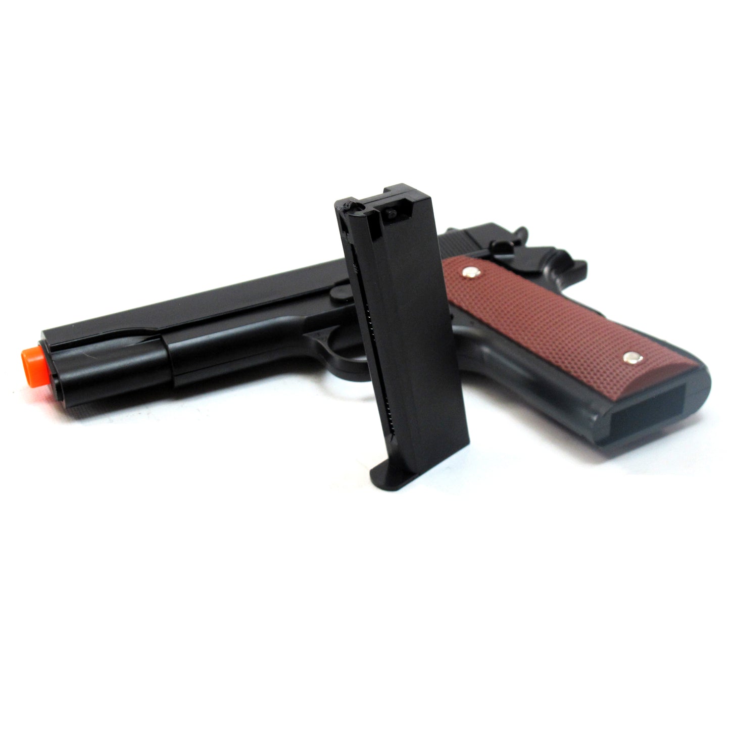 BBTac 1911 Airsoft Pistol Handgun Replica Spring Loaded with Realistic Working Hammer, Saftey grip and Magazine (Wood)