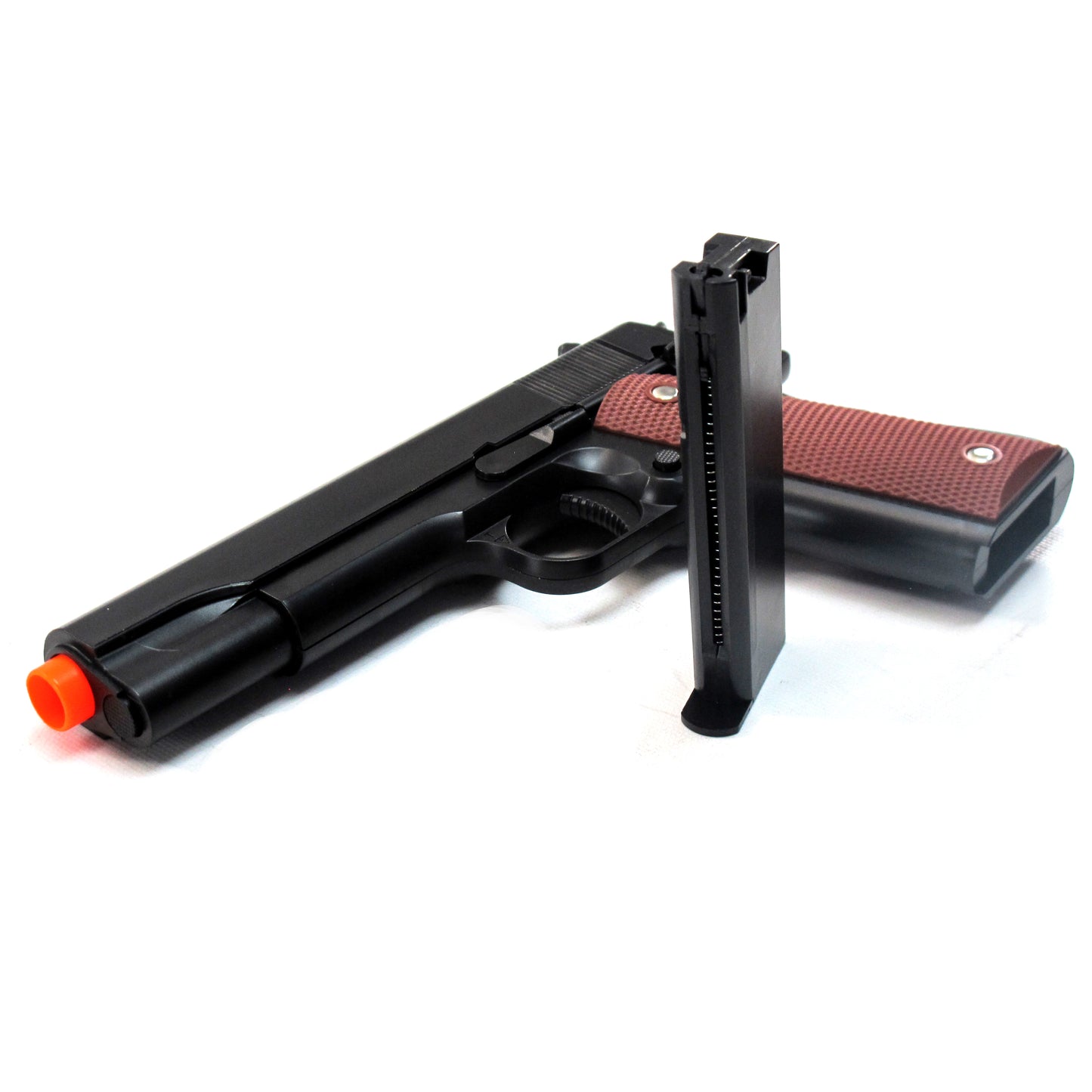 BBTac 1911 Airsoft Pistol Handgun Replica Spring Loaded with Realistic Working Hammer, Saftey grip and Magazine (Wood)