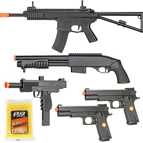 BBTac Airsoft Gun Package Desert Raider - Powerful Spring Rifle, Pump Action Shotgun, SMG, Two Pistols and BB Pellets, Preimum Airsoft Starter Pack