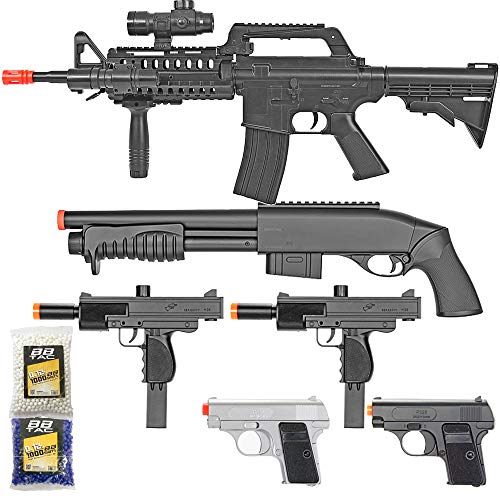 BBTac Airsoft Gun Package - Dark Ops - Collection of Airsoft Guns - Powerful Spring Rifle, Shotgun, Two SMG, Mini Pistols and BB Pellets, Great for Starter Pack Game Play